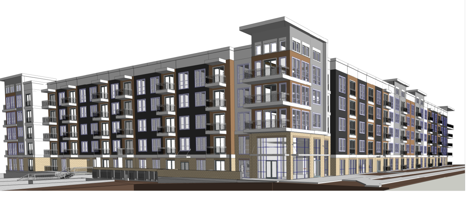 A rendering of the building 's front facade.